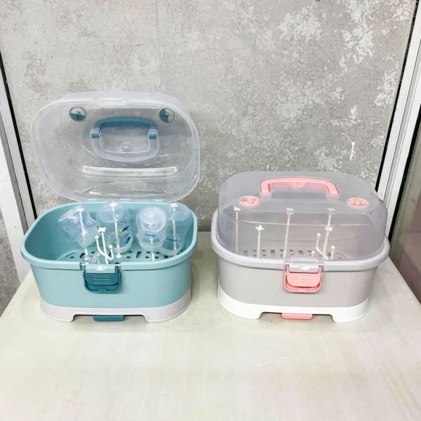 Image of a Baby Bottle Drying Rack with Cover featuring two color options, designed to keep baby bottles and accessories hygienic, organized, and dust-free.