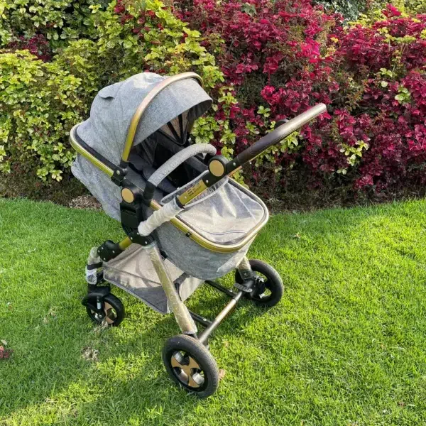 Modern grey fabric bassinet stroller (pram) with a gold-tone frame, brown leatherette handlebar, and large canopy, pictured outdoors on a lawn.