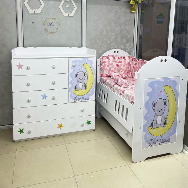 MDF Cot + Mattress + Chest of drawers + Cot Bumpers